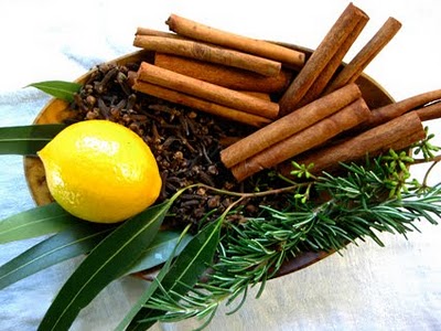 lemon, cinnamon sticks, and herbs